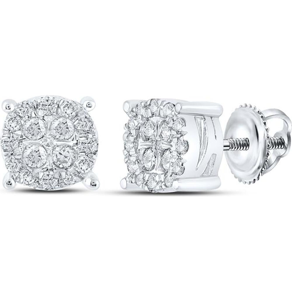 GND 10K White Gold Round Diamond Cluster Stud Earrings with Pave-Set Diamonds - 0.25 Carat Total Diamond Weight