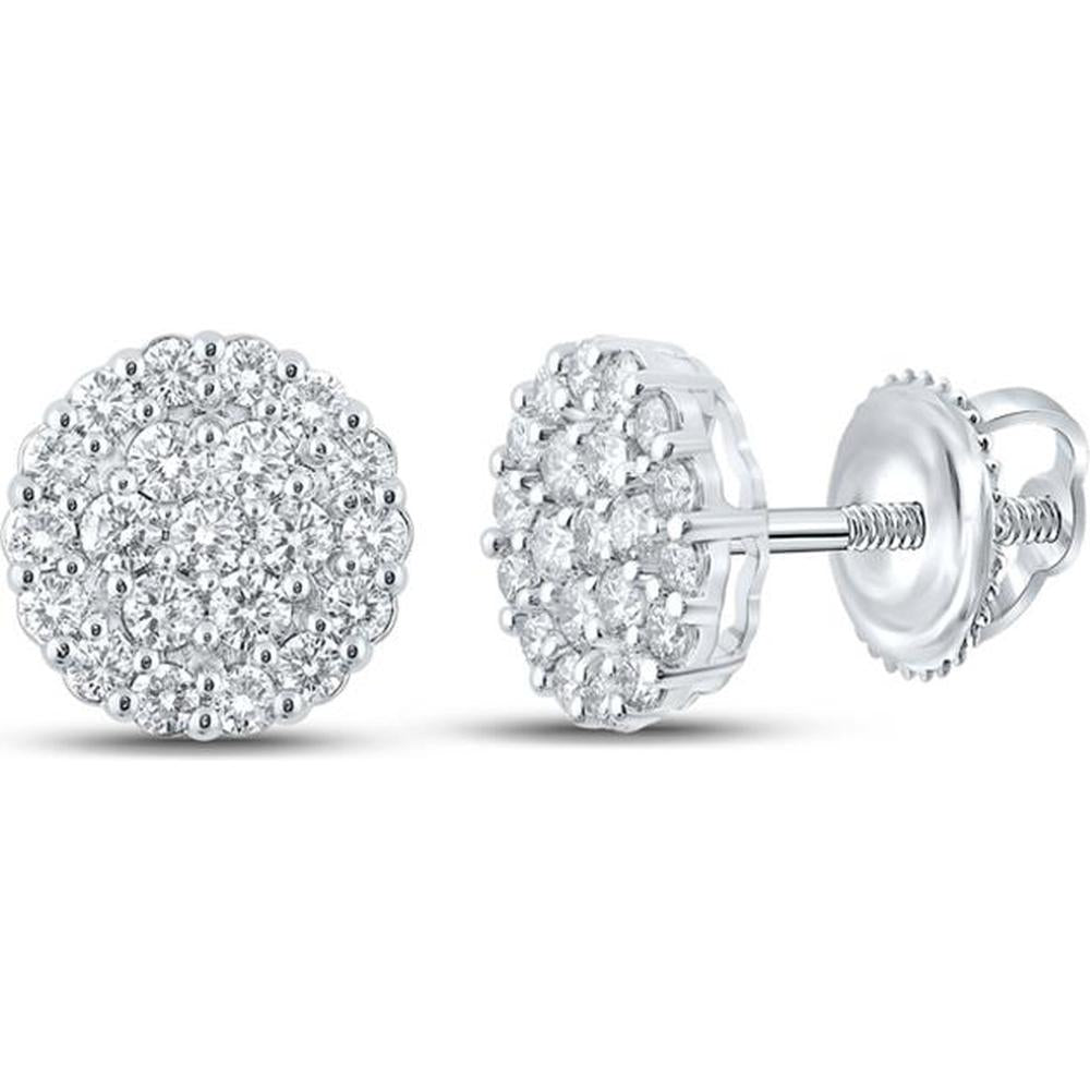 GND 10K White Gold Round Diamond Cluster Stud Earrings with Prong-Set Diamonds - 2.70 Carat Total Diamond Weight
