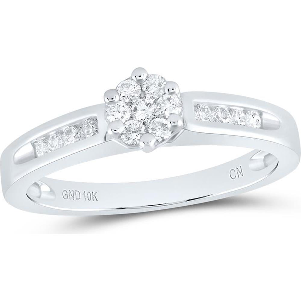 GND 10K White Gold Round Diamond Flower Cluster Ring - 1/4 Carat Total Diamond Weight