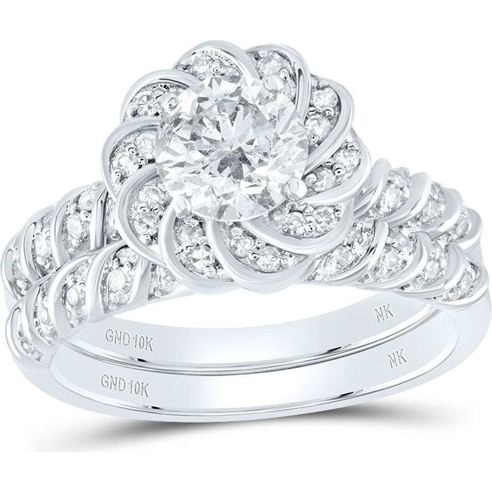 GND 10K White Gold Round Diamond Halo Bridal Wedding Ring Set - 1-3/8 Carat Total Diamond Weight