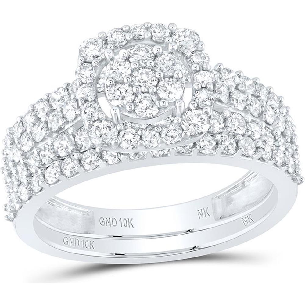 GND 10K White Gold Round Diamond Halo Bridal Wedding Ring Set - 1.5 Carat Total Diamond Weight