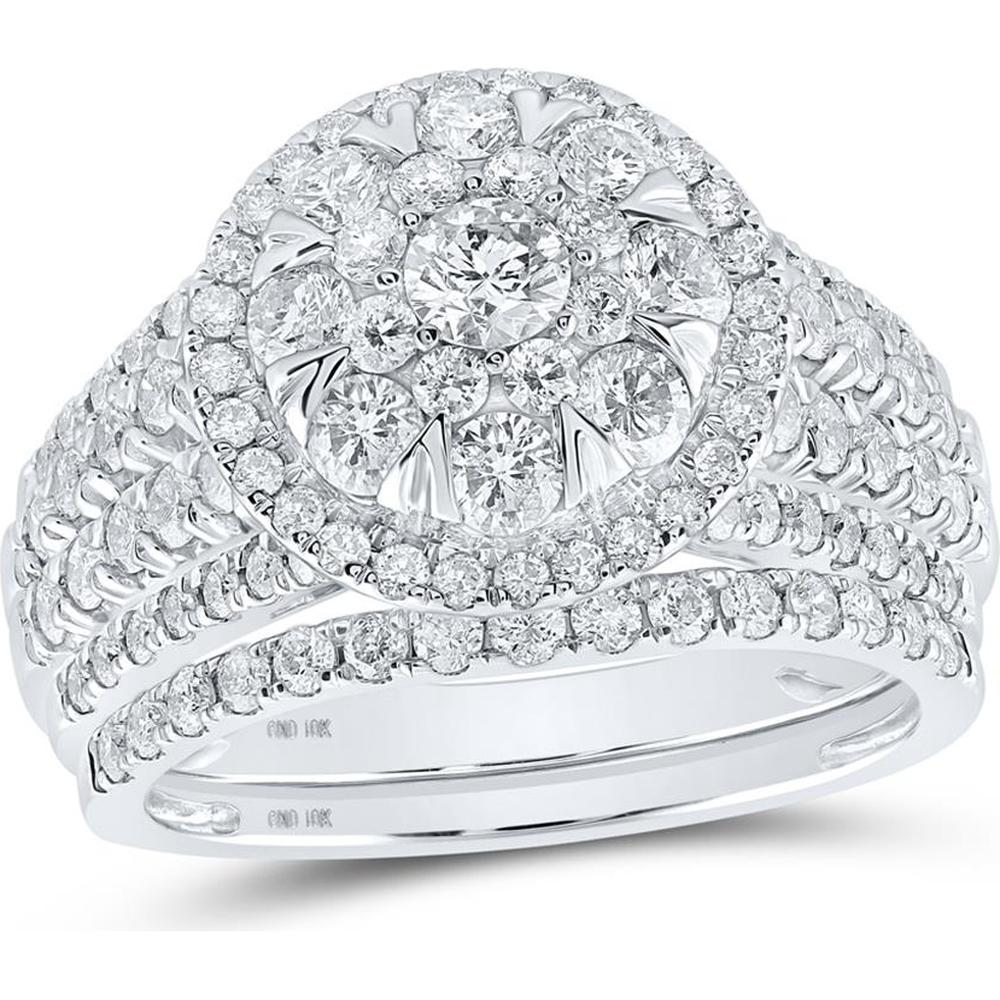 GND 10K White Gold Round Diamond Halo Bridal Wedding Ring Set - 2.00 Carat Total Diamond Weight