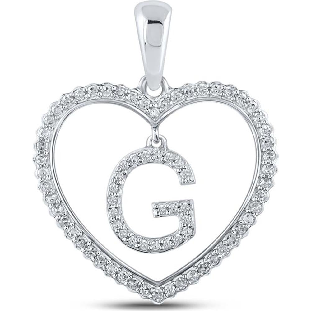 GND 10K White Gold Round Diamond Heart Pendant with Letter G - 1/4 Total Carat Weight
