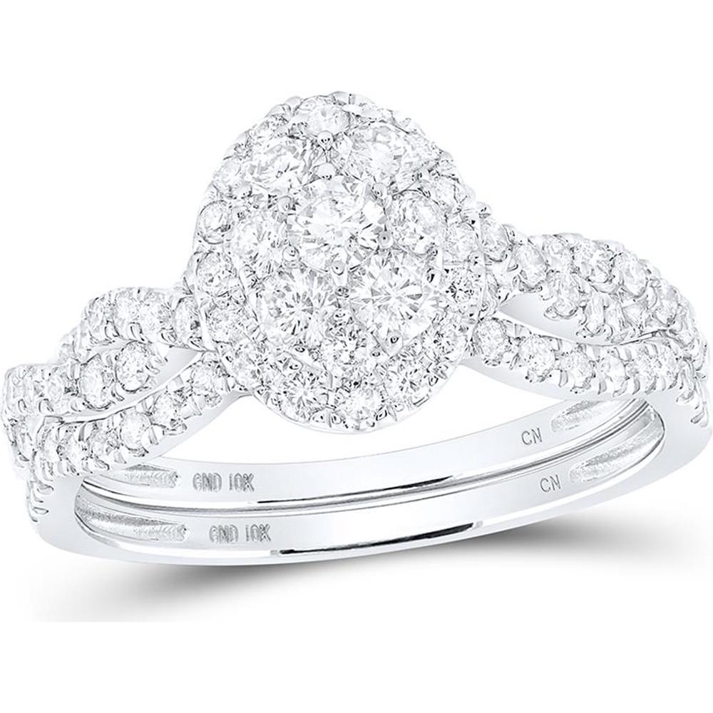 GND 10K White Gold Round Diamond Oval Cluster Bridal Wedding Ring Set - 1.00 Carat Total Diamond Weight.