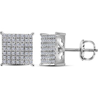 GND 10K White Gold Round Diamond Square Cluster Stud Earrings - 0.74 Carat Total Diamond Weight