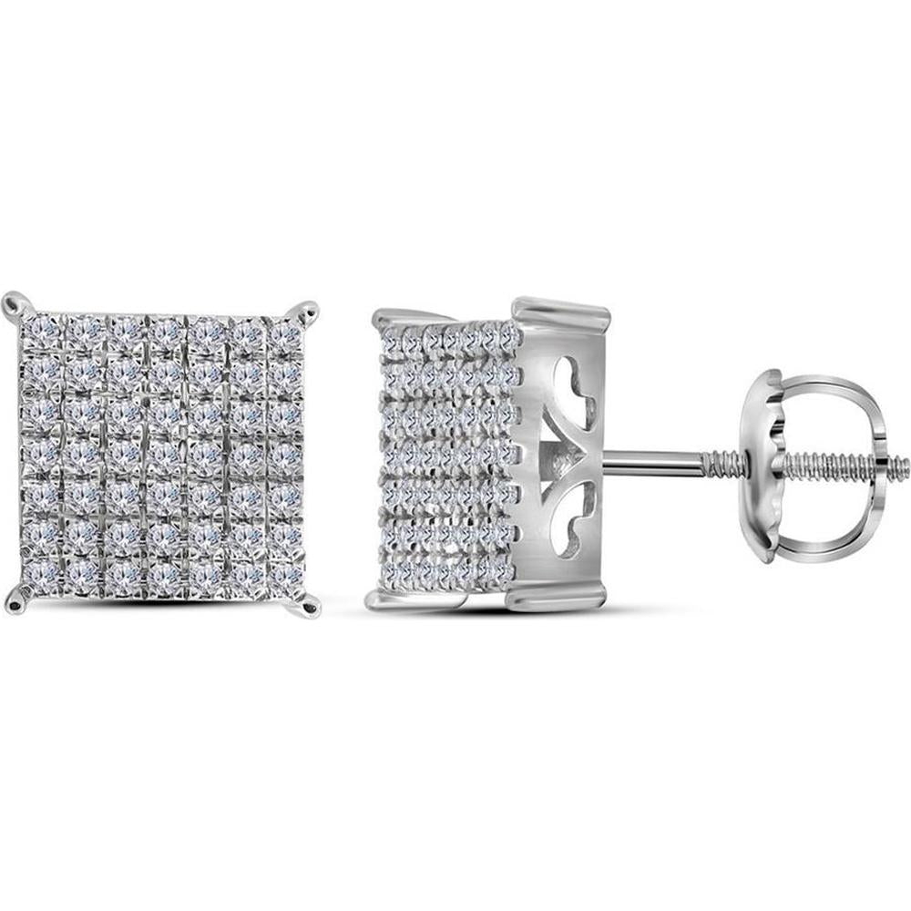 GND 10K White Gold Round Diamond Square Cluster Stud Earrings - 0.74 Carat Total Diamond Weight
