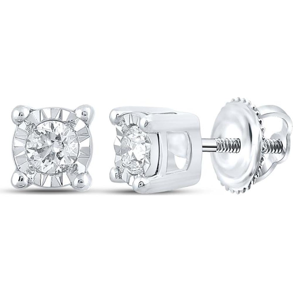 GND 10K White Gold Round Diamond Stud Earrings with Prong Setting - 1/5 Total Carat Weight