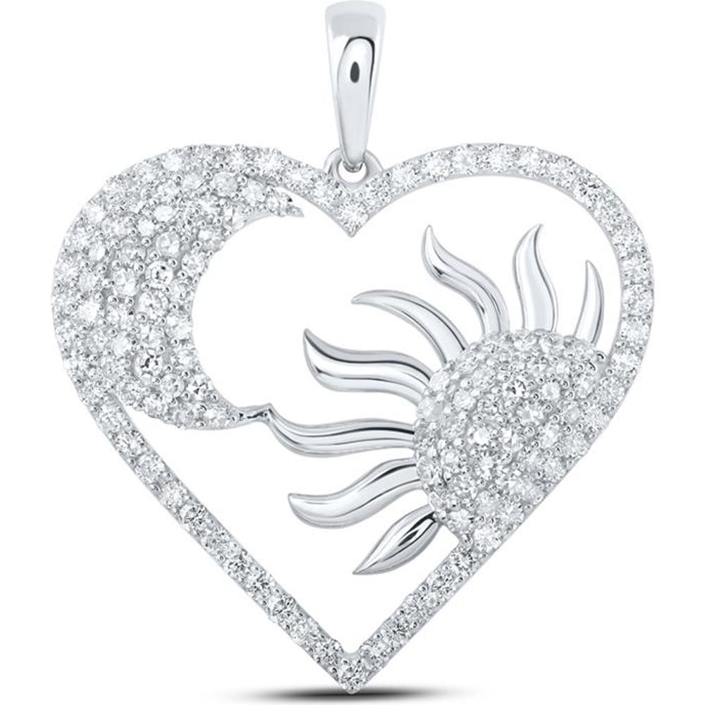 GND 10K White Gold Round Diamond Sun Moon Heart Pendant - 1.0 Carat Total Diamond Weight