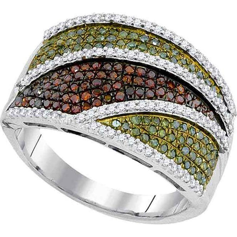 GND 10K White Gold Round Green and Red Diamond Cluster Ring with White Diamond Accents - 0.614 Carat Total Diamond Weight