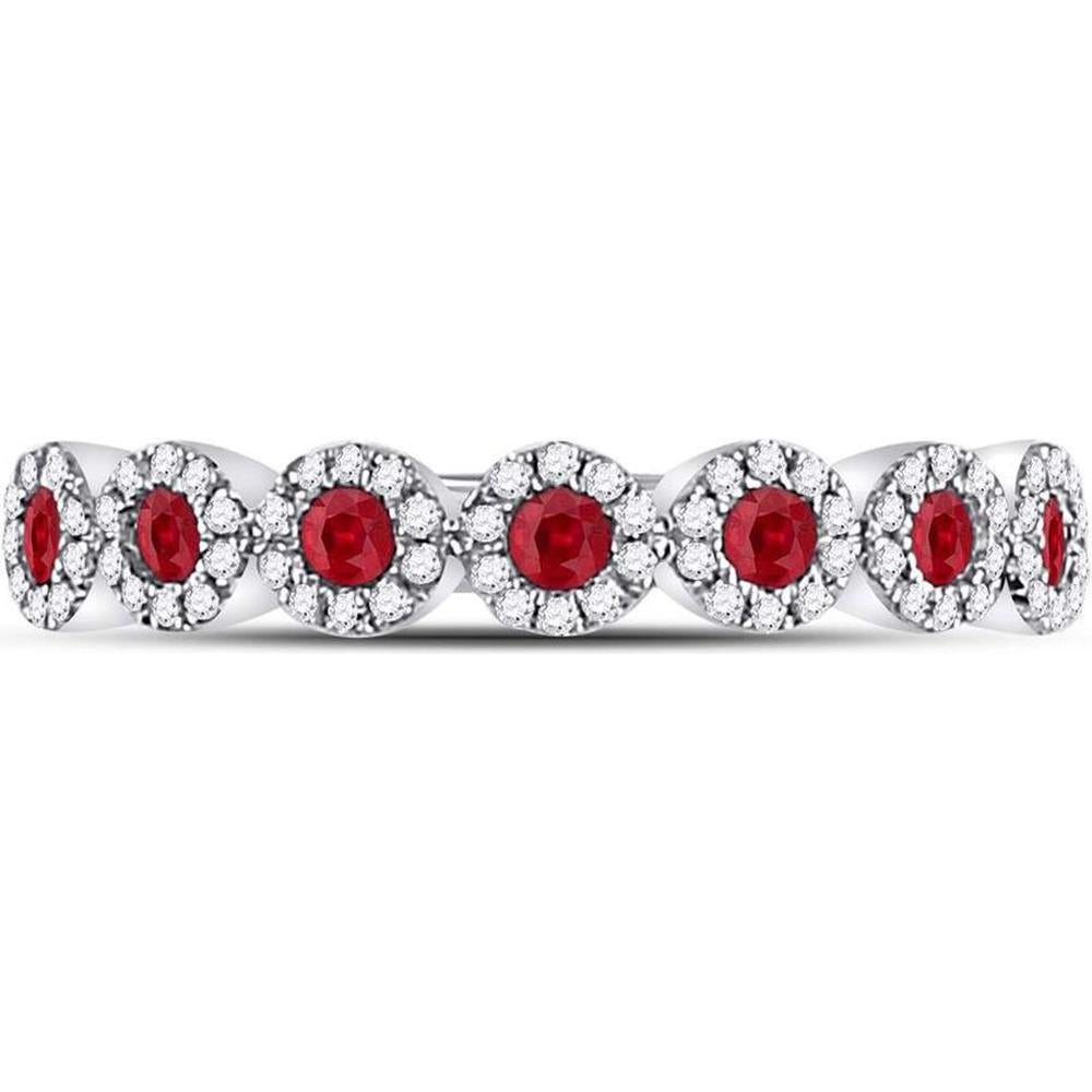 GND 10K White Gold Round Ruby Circle Stackable Band Ring with Bezel-Set Rubies and Prong-Set Diamonds - 0.25 Carat Ruby, 0.21 Carat Diamond