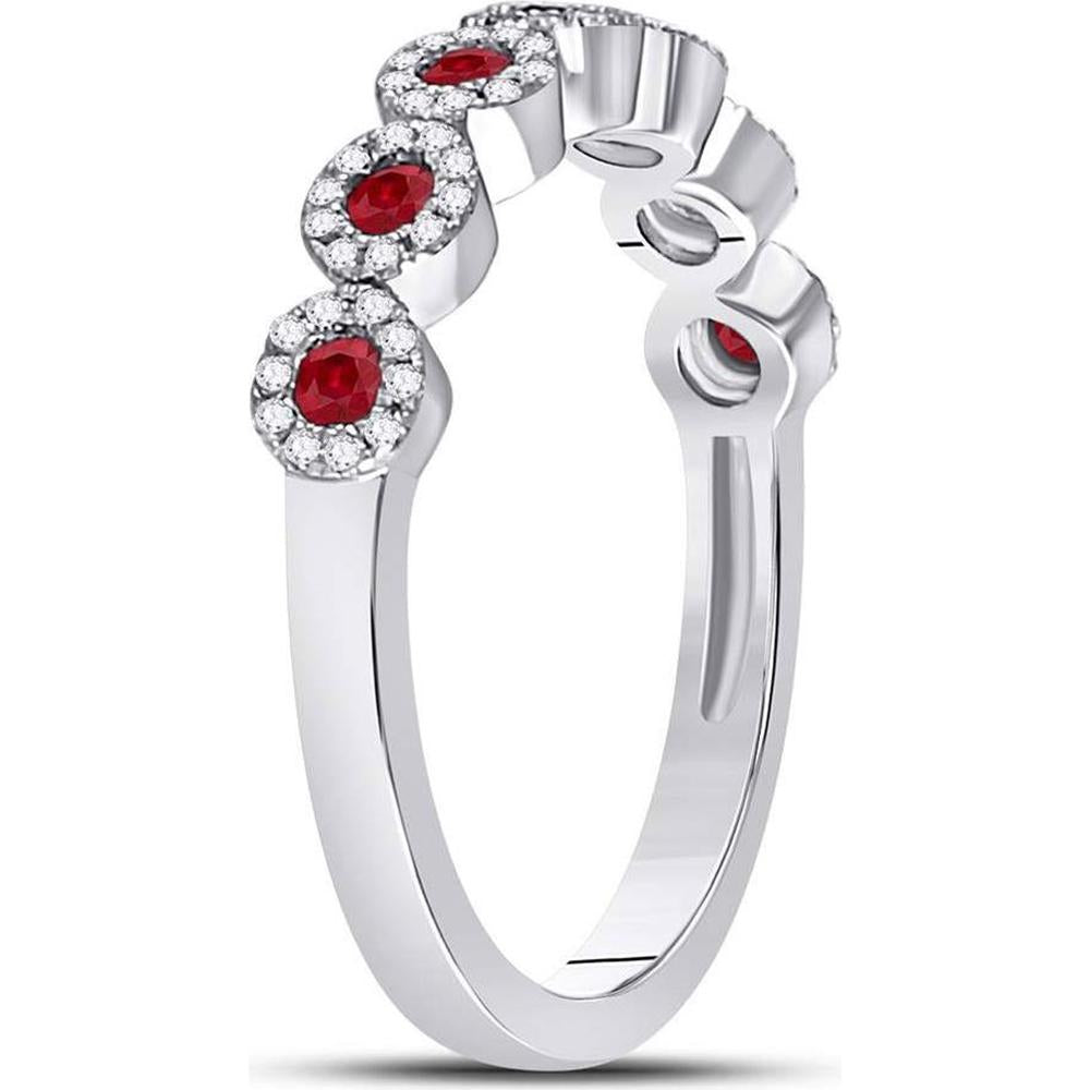 GND 10K White Gold Round Ruby Circle Stackable Band Ring with Bezel-Set Rubies and Prong-Set Diamonds - 0.25 Carat Ruby, 0.21 Carat Diamond