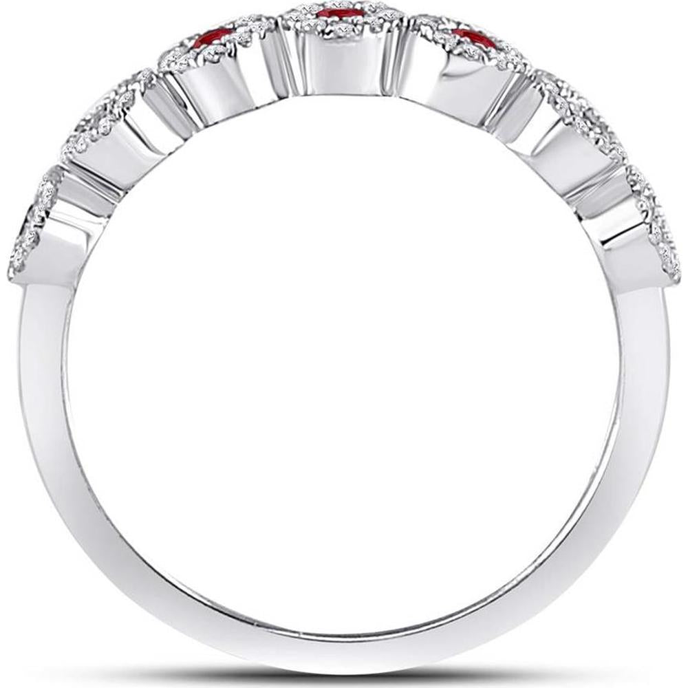 GND 10K White Gold Round Ruby Circle Stackable Band Ring with Bezel-Set Rubies and Prong-Set Diamonds - 0.25 Carat Ruby, 0.21 Carat Diamond