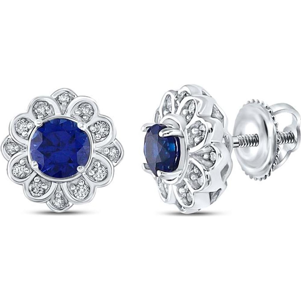 GND 10K White Gold Round Synthetic Blue Sapphire and Diamond Cluster Stud Earrings - 3/4 Total Carat Weight