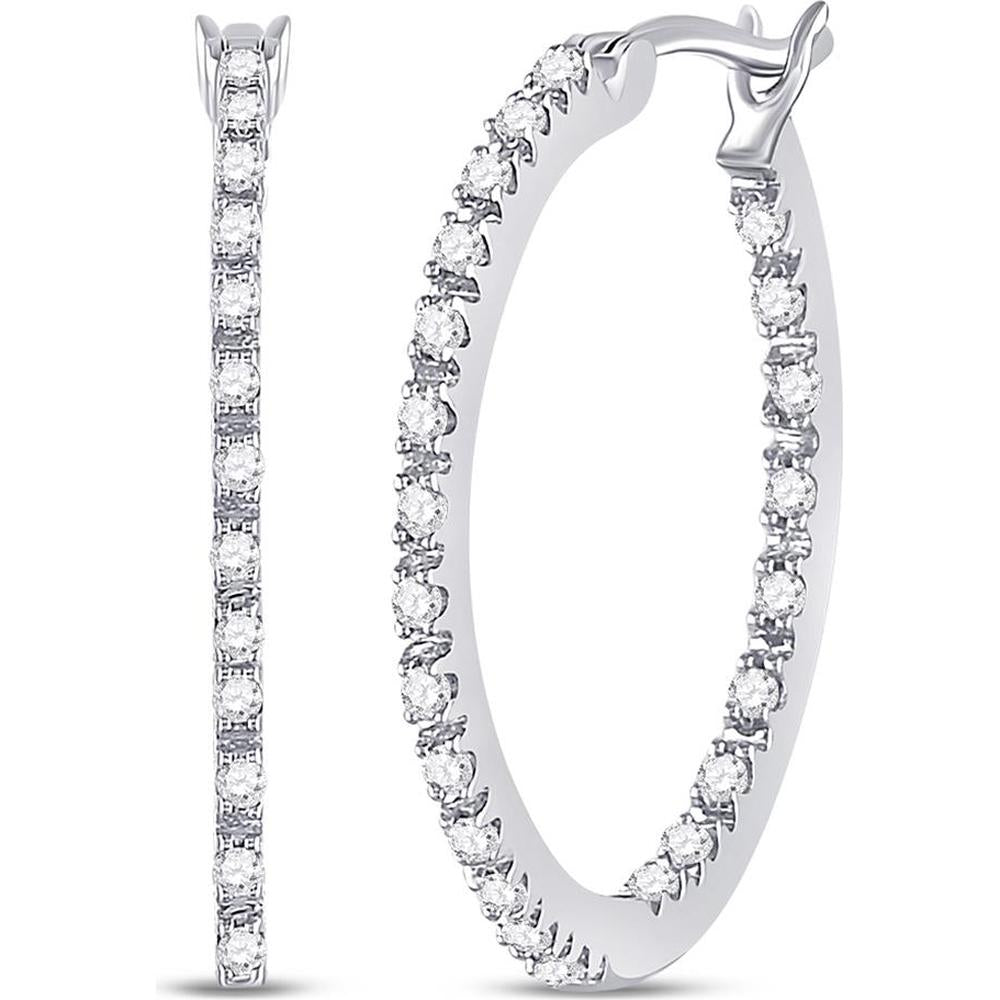 GND 10K White Gold Slender Hoop Earrings with Prong Set Round Diamonds - 0.26 Carat Total Diamond Weight