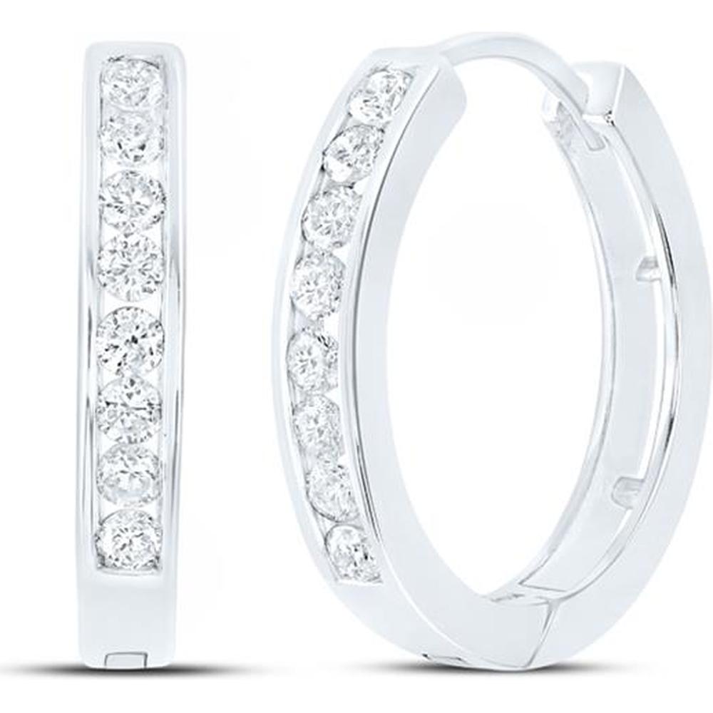 GND 10K White Gold Small Hoop Earrings with Channel-Set Round Diamonds - 1/2 Carat Total Diamond Weight