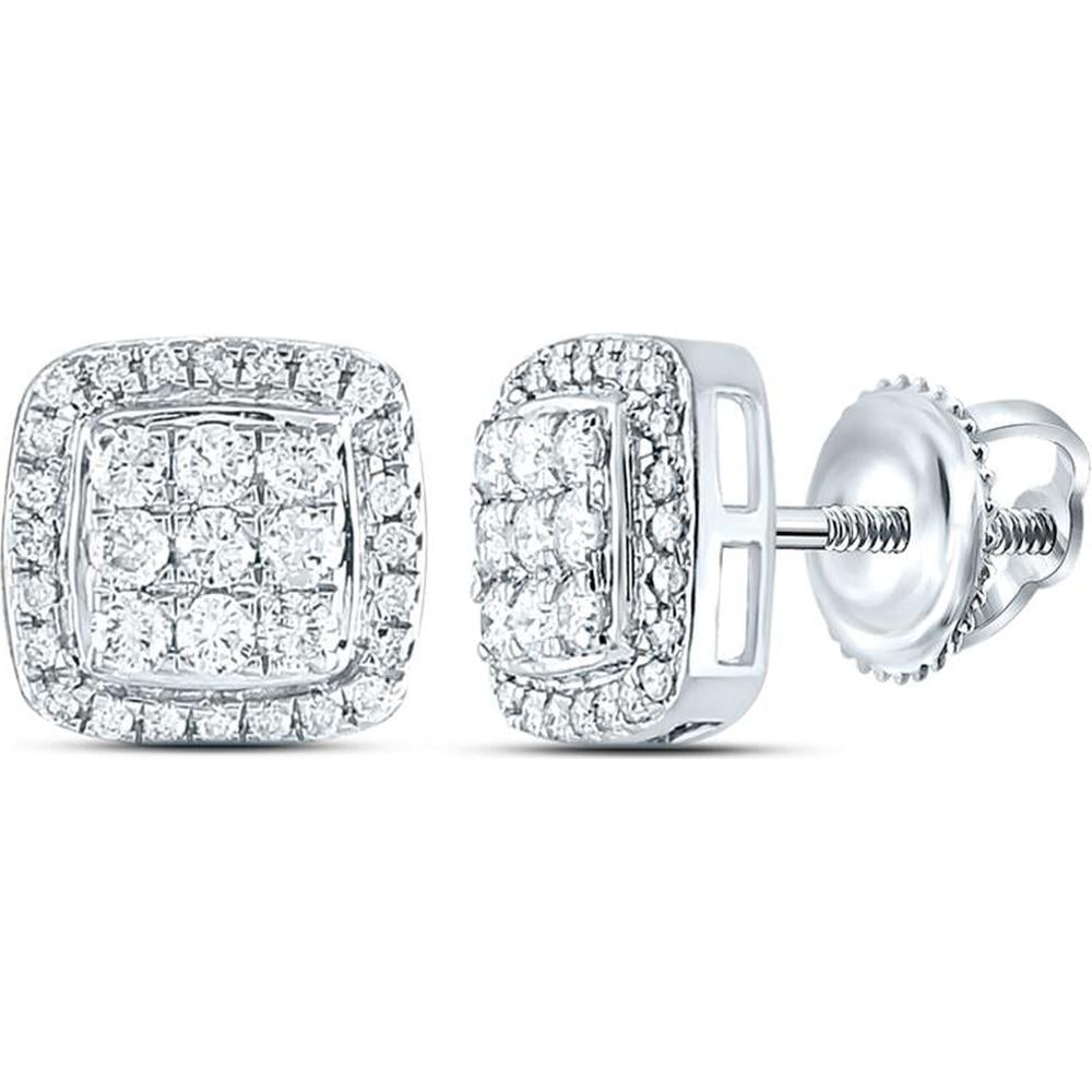 GND 10K White Gold Square Cluster Earrings with Pave-Set Round Diamonds - 0.51 Carat Total Diamond Weight