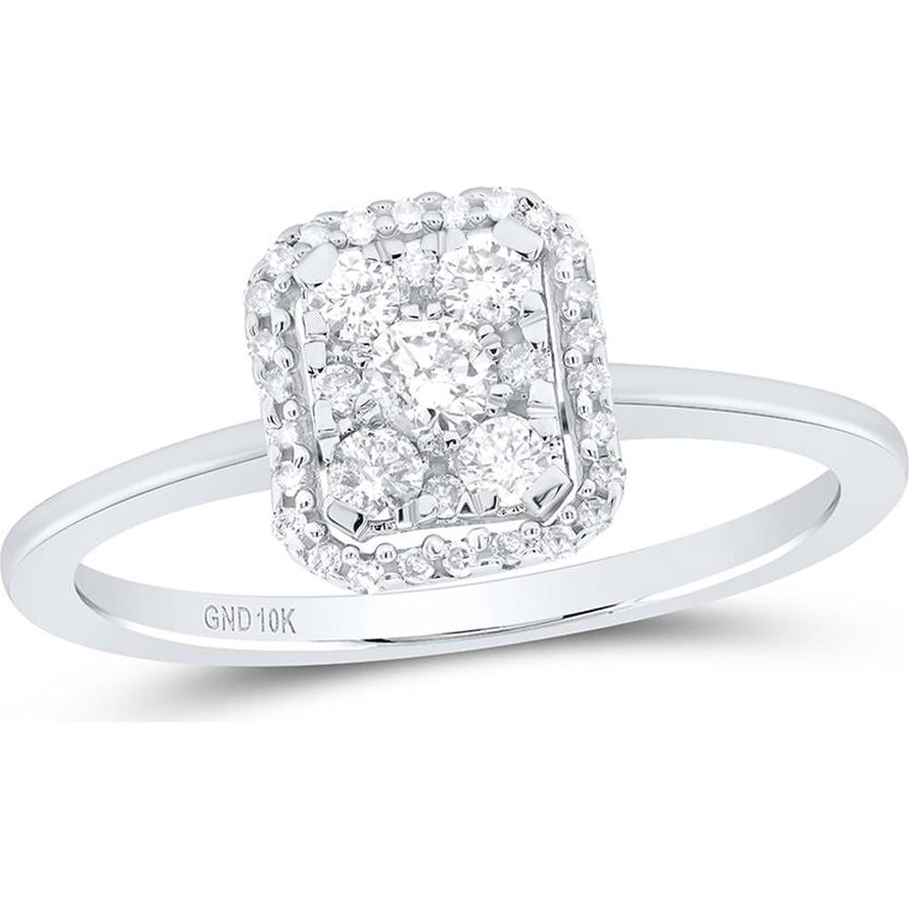 GND 10K White Gold Square Cluster Ring with Prong-Set Round Diamonds - 1/3 Carat Total Diamond Weight