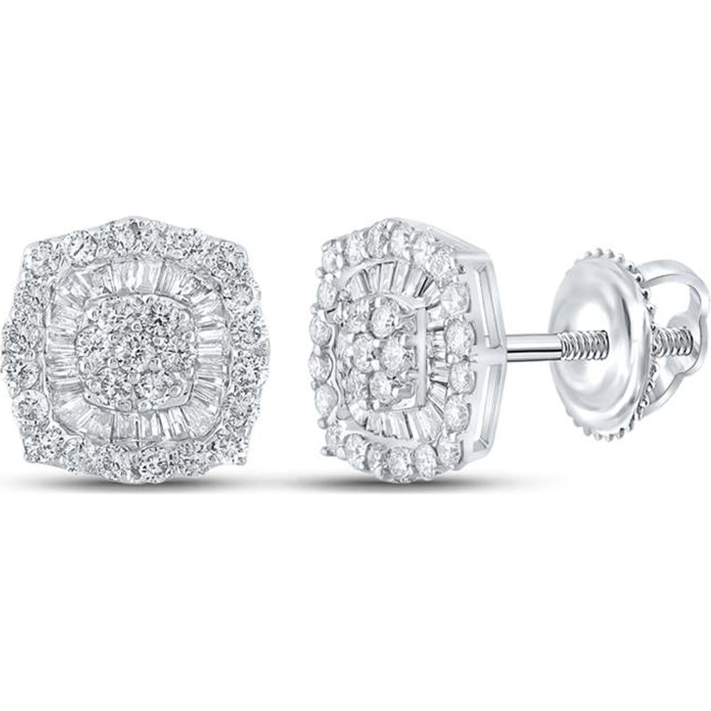 GND 10K White Gold Square Earrings with Prong-Set Baguette and Round Diamonds - 0.75 Carat Total Diamond Weight
