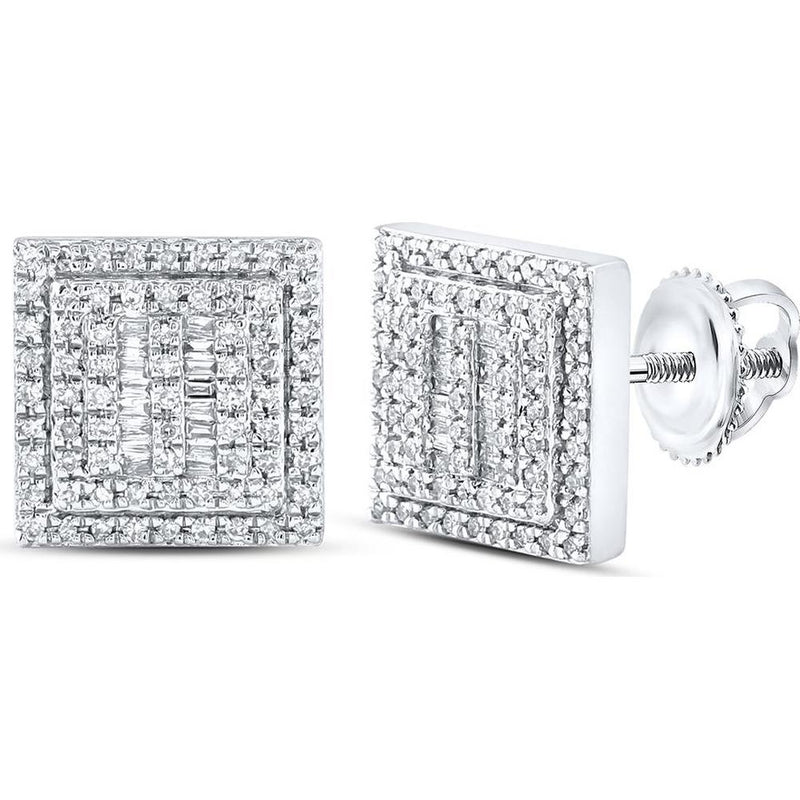 GND 10K White Gold Square Stud Earrings with Channel-Set Baguette and Pave-Set Round Diamonds - 1/2 Total Carat Weight