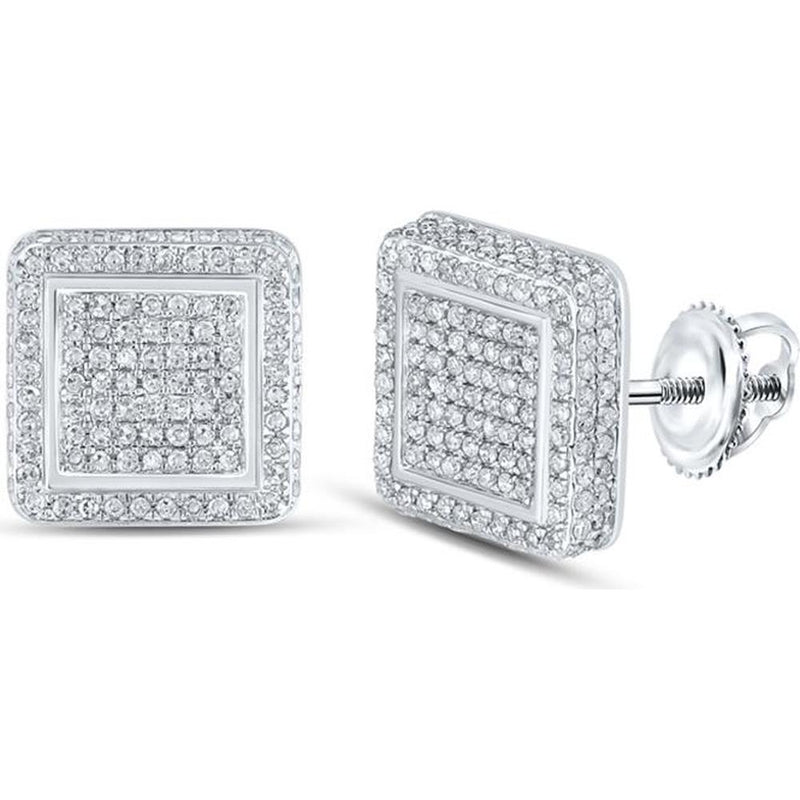 GND 10K White Gold Square Stud Earrings with Pave-Set Round Diamonds - 7/8 Carat Total Diamond Weight