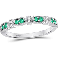 GND 10K White Gold Stackable Band Ring with Pave-Set Round Emeralds and Diamonds - 0.24 Carat Total Gemstone Weight