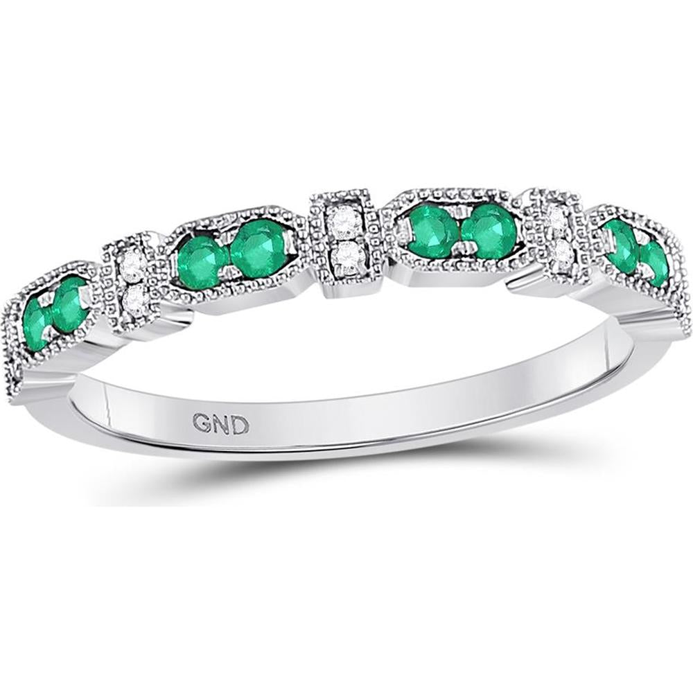GND 10K White Gold Stackable Band Ring with Pave-Set Round Emeralds and Diamonds - 0.24 Carat Total Gemstone Weight