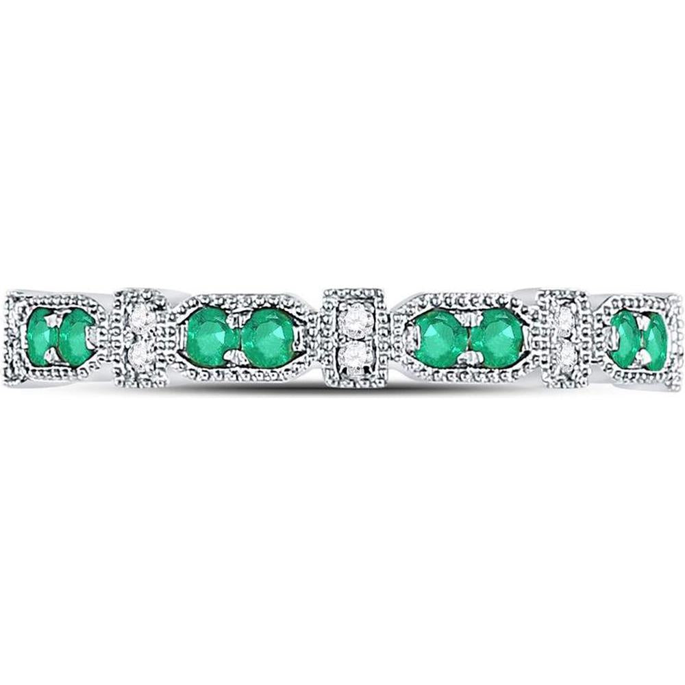 GND 10K White Gold Stackable Band Ring with Pave-Set Round Emeralds and Diamonds - 0.24 Carat Total Gemstone Weight