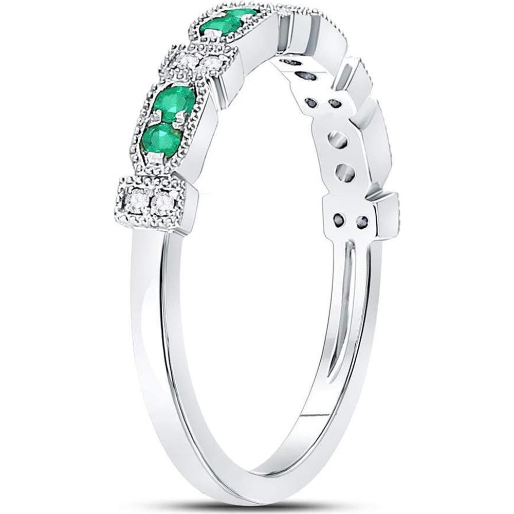 GND 10K White Gold Stackable Band Ring with Pave-Set Round Emeralds and Diamonds - 0.24 Carat Total Gemstone Weight