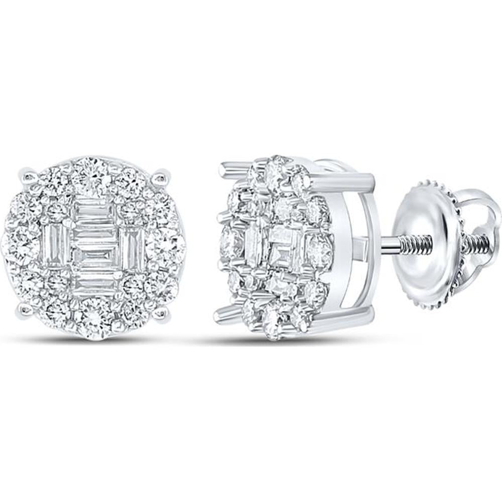 GND 10K White Gold Stud Earrings with Baguette and Round Diamonds - 5/8 Total Carat Weight