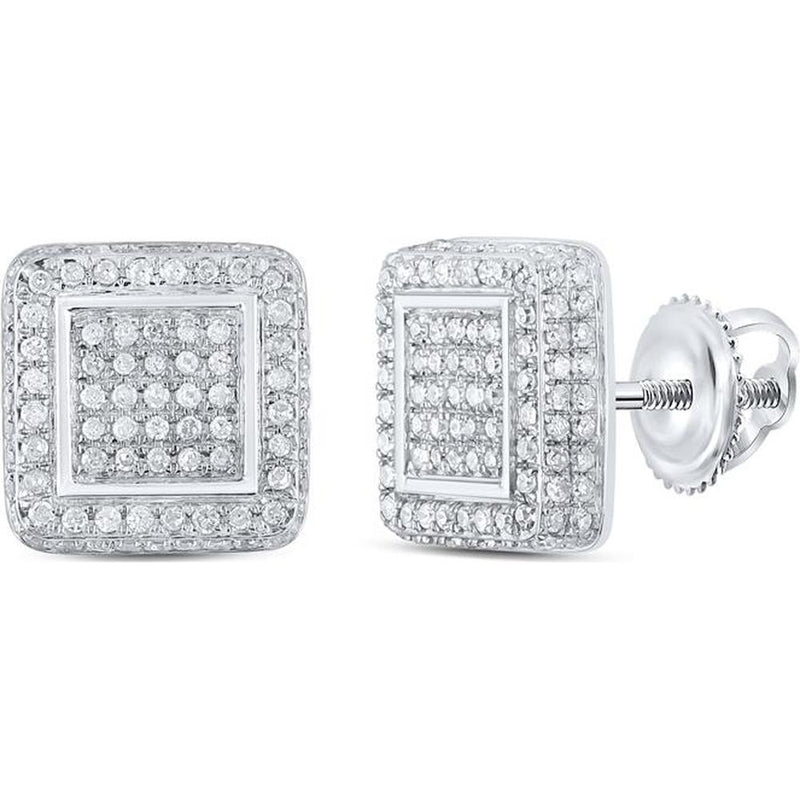 GND 10K White Gold Stud Earrings with Pave-Set Round Diamonds in Double Halo - 3/4 Carat Total Diamond Weight