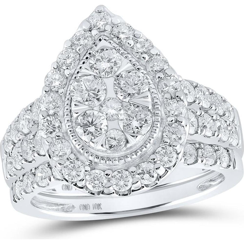 GND 10K White Gold Teardrop Cluster Bridal Wedding Ring Set with 2- Carat Total Round Diamonds