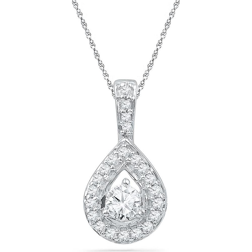 GND 10K White Gold Teardrop Pendant with Prong-Set Round Diamond - 1/3 Total Carat Weight
