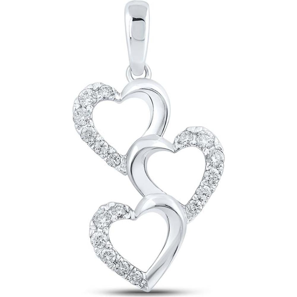 GND 10K White Gold Triple Heart Pendant with Prong-Set Round Diamonds - 1/4 Carat Total Diamond Weight