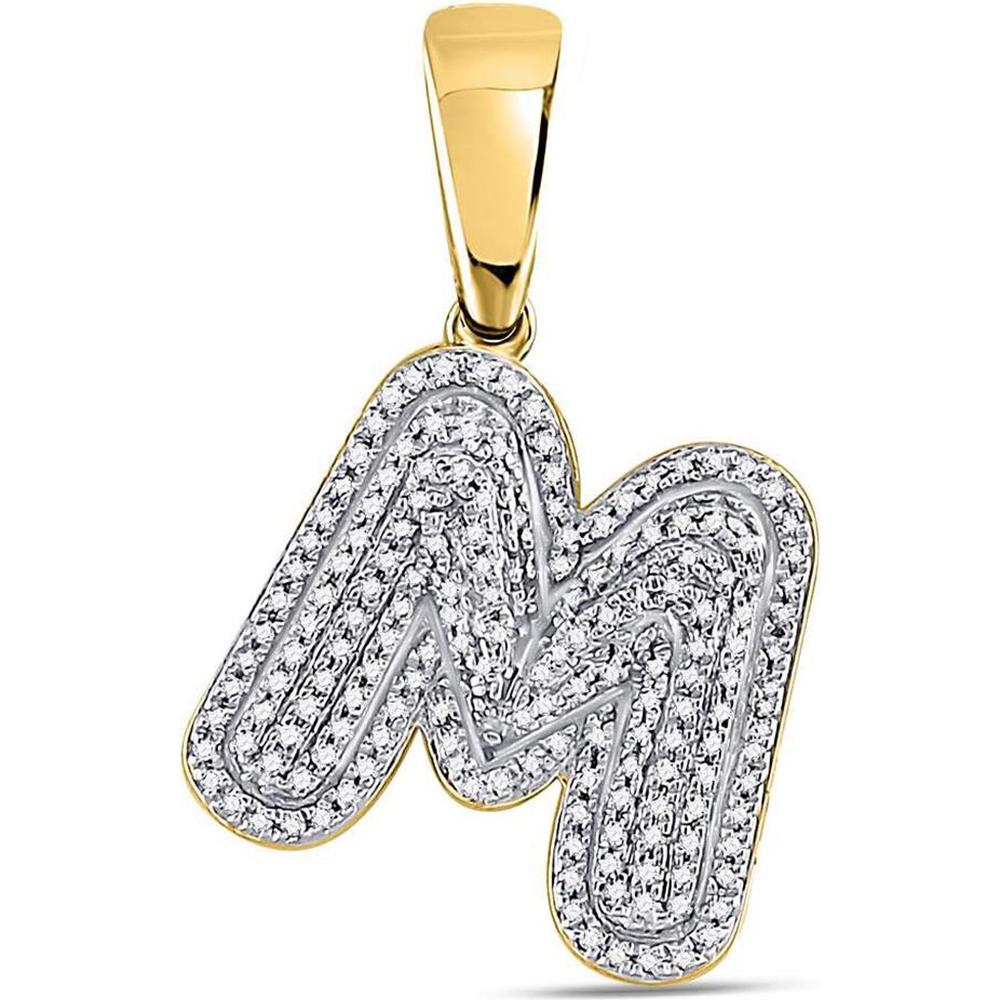 GND 10K Yellow Gold 1/2 Carat Round Diamond Letter M Bubble Initial Charm Pendant