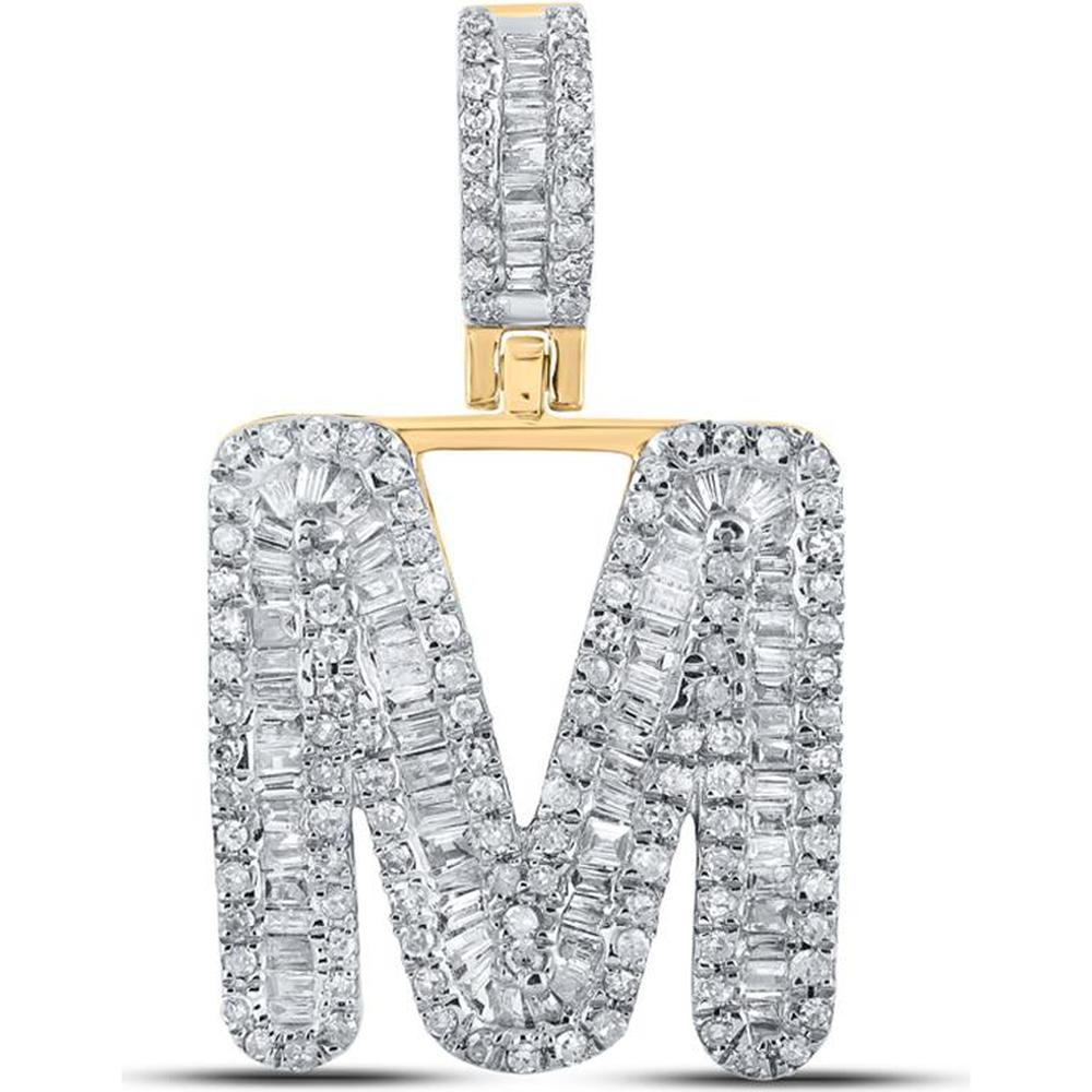 GND 10K Yellow Gold 25.60mm M Initial Pendant with Channel-Set Baguette and Pave-Set Round Diamonds - 0.69 Carat Total Diamond Weight