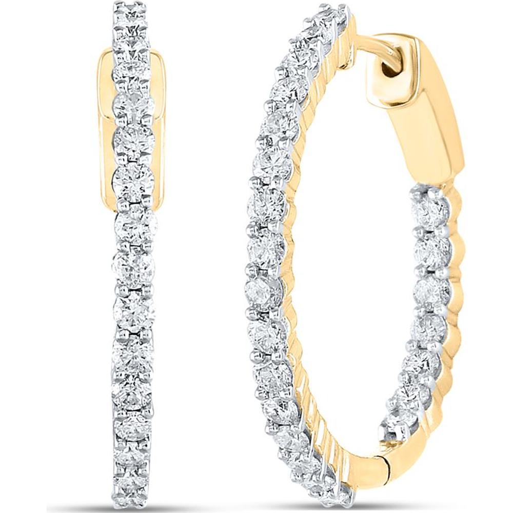 GND 10K Yellow Gold 27.9mm Medium Hoop Earrings with Inside Outside Prong-Set Round Diamonds - 2.00 Carat Total Diamond Weight