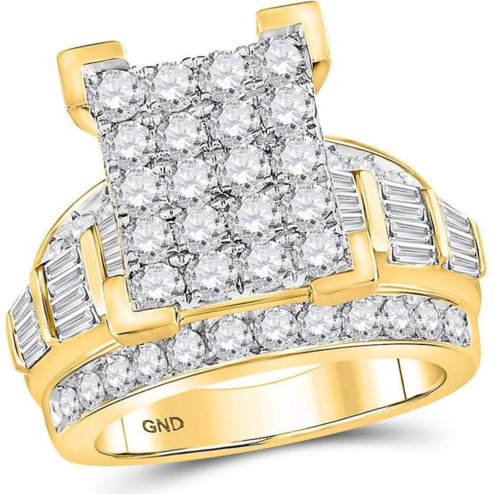 GND 10K Yellow Gold 3 Carat Round and Baguette Diamond Cluster Bridal Engagement Ring