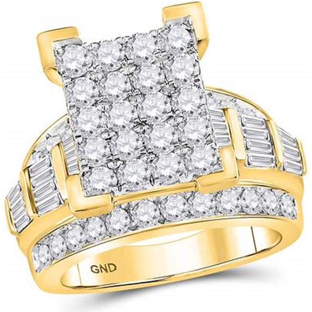 GND 10K Yellow Gold 3 Carat Round and Baguette Diamond Cluster Bridal Engagement Ring