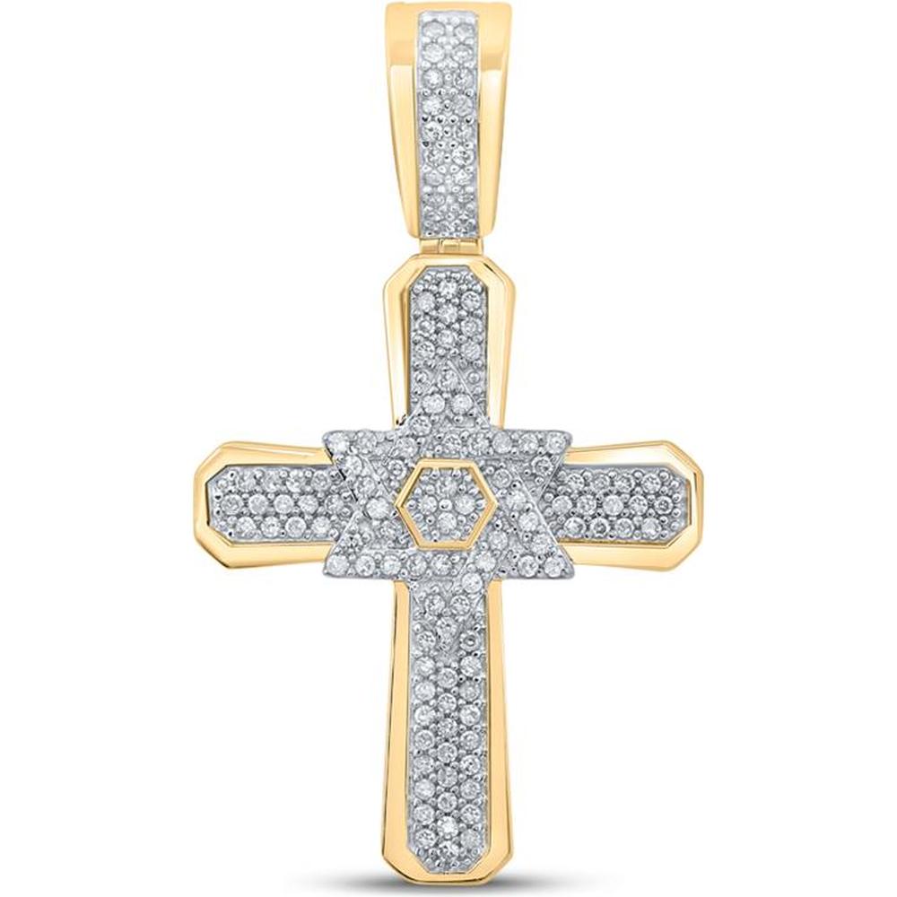 GND 10K Yellow Gold 35.50mm Cross Charm Pendant with Prong-Set Round Diamonds - 1/3 Total Carat Weight