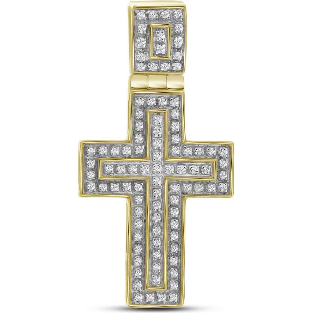 GND 10K Yellow Gold 37.6mm Layered Cross Pendant with Pave-Set Round Diamonds - 0.25 Carat Total Diamond Weight