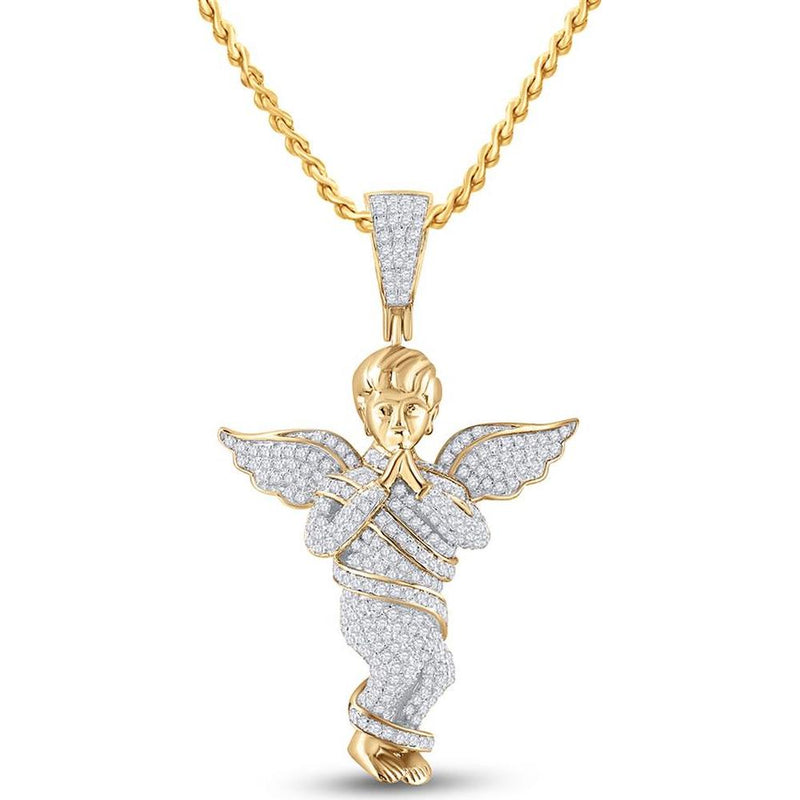 GND 10K Yellow Gold 43.30mm Praying Angel Pendant with Pave-Set Round Diamonds - 0.86 Carat Total Diamond Weight