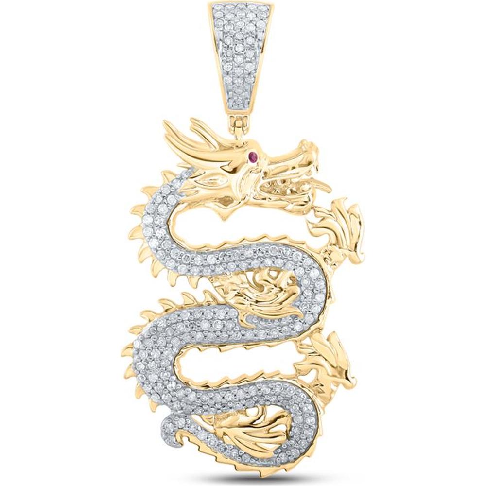 GND 10K Yellow Gold 45mm Dragon Pendant with Prong-Set Round Diamonds and Bezel-Set Ruby Eye - 0.65 Carat Total Gem Weight