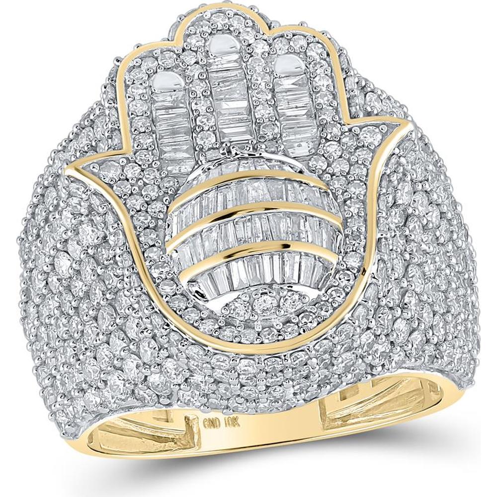 GND 10K Yellow Gold 5-1/3 Carat Baguette and Round Diamond Hamsa Ring