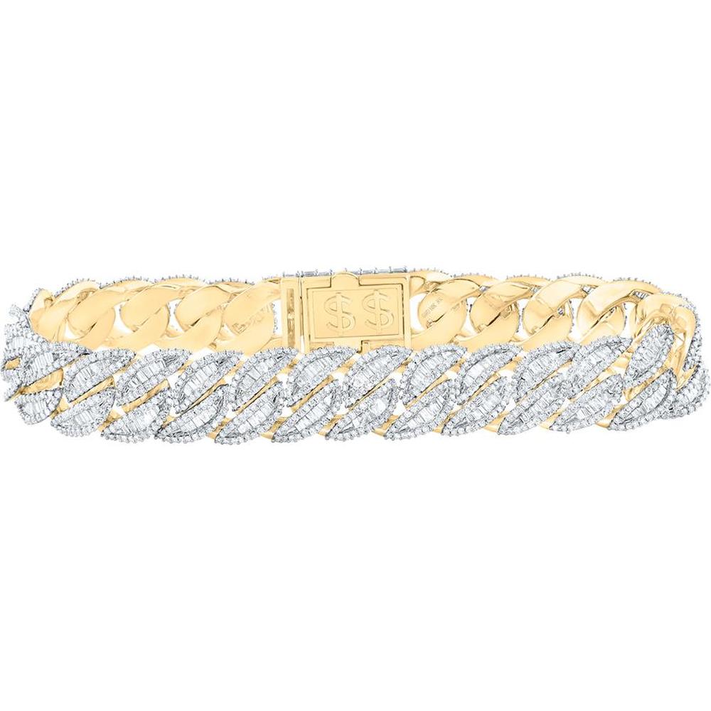 GND 10K Yellow Gold 9 1/5 Carat Total Weight Diamond Cuban Link Men’s Bracelet with Baguette and Round Diamonds