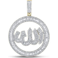 GND 10K Yellow Gold Allah Circle Charm Pendant with Channel-Set Baguette and Pave Round Diamonds - 2.15 Carat Total Diamond Weight