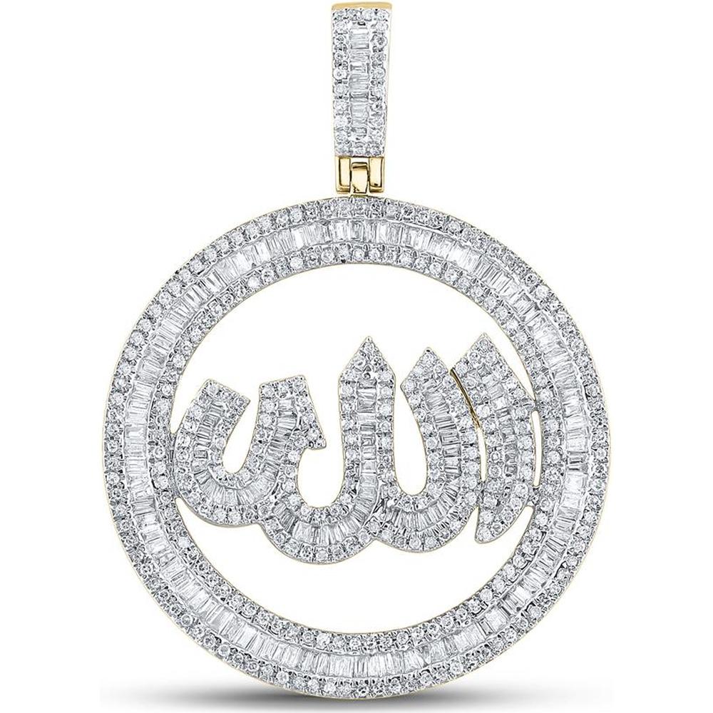 GND 10K Yellow Gold Allah Circle Charm Pendant with Channel-Set Baguette and Pave Round Diamonds - 2.15 Carat Total Diamond Weight