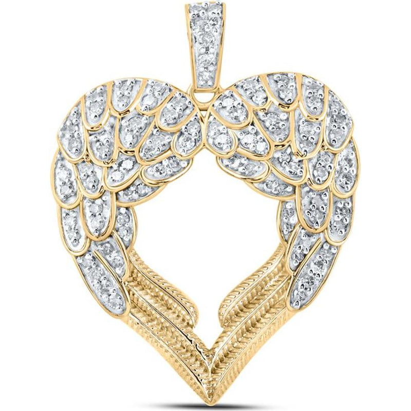 GND 10K Yellow Gold Angel Wing Heart Pendant with Prong-Set Round Diamonds - 1/2 Carat Total Diamond Weight