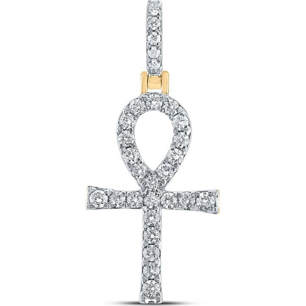 GND 10K Yellow Gold Ankh Cross Charm Pendant with Prong-Set Round Diamonds - 1/2 Total Carat Weight