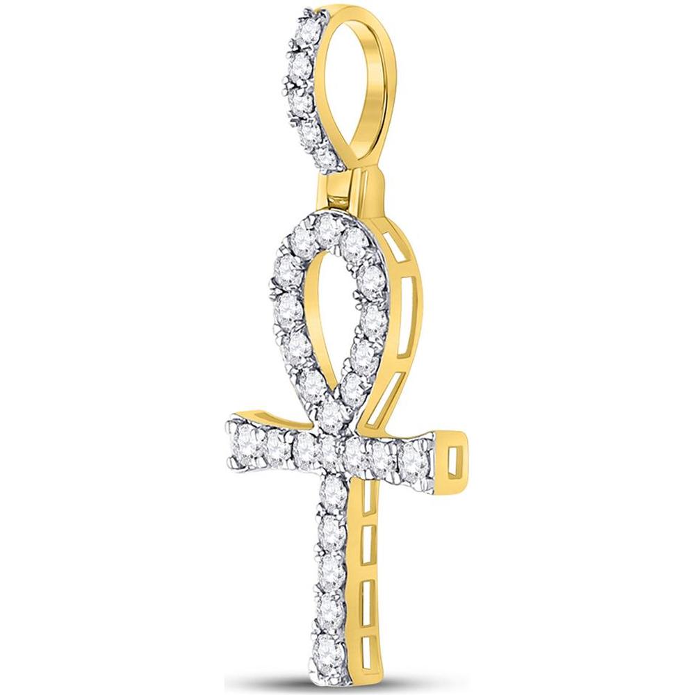 GND 10K Yellow Gold Ankh Cross Charm Pendant with Prong-Set Round Diamonds - 1/2 Total Carat Weight