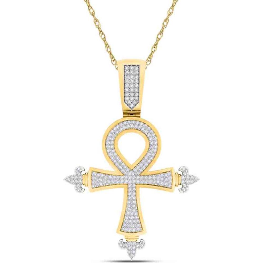 GND 10K Yellow Gold Ankh Cross Pendant with Prong-Set Round Diamonds - 0.50 Carat Total Diamond Weight